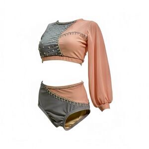 Reverence custom solo dance costume 2 piece blush pink gray rhinestoned YXS 4/5